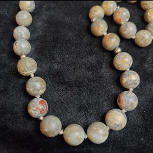 Jasper hand knotted gemstone necklace. 16" long gray